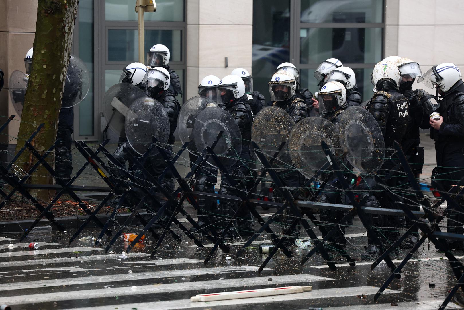 Police officers stand guard in a protest of European farmers over price pressures, taxes and green regulation, on the day of an EU Agriculture Ministers meeting in Brussels, Belgium February 26, 2024. REUTERS/Yves Herman Photo: YVES HERMAN/REUTERS