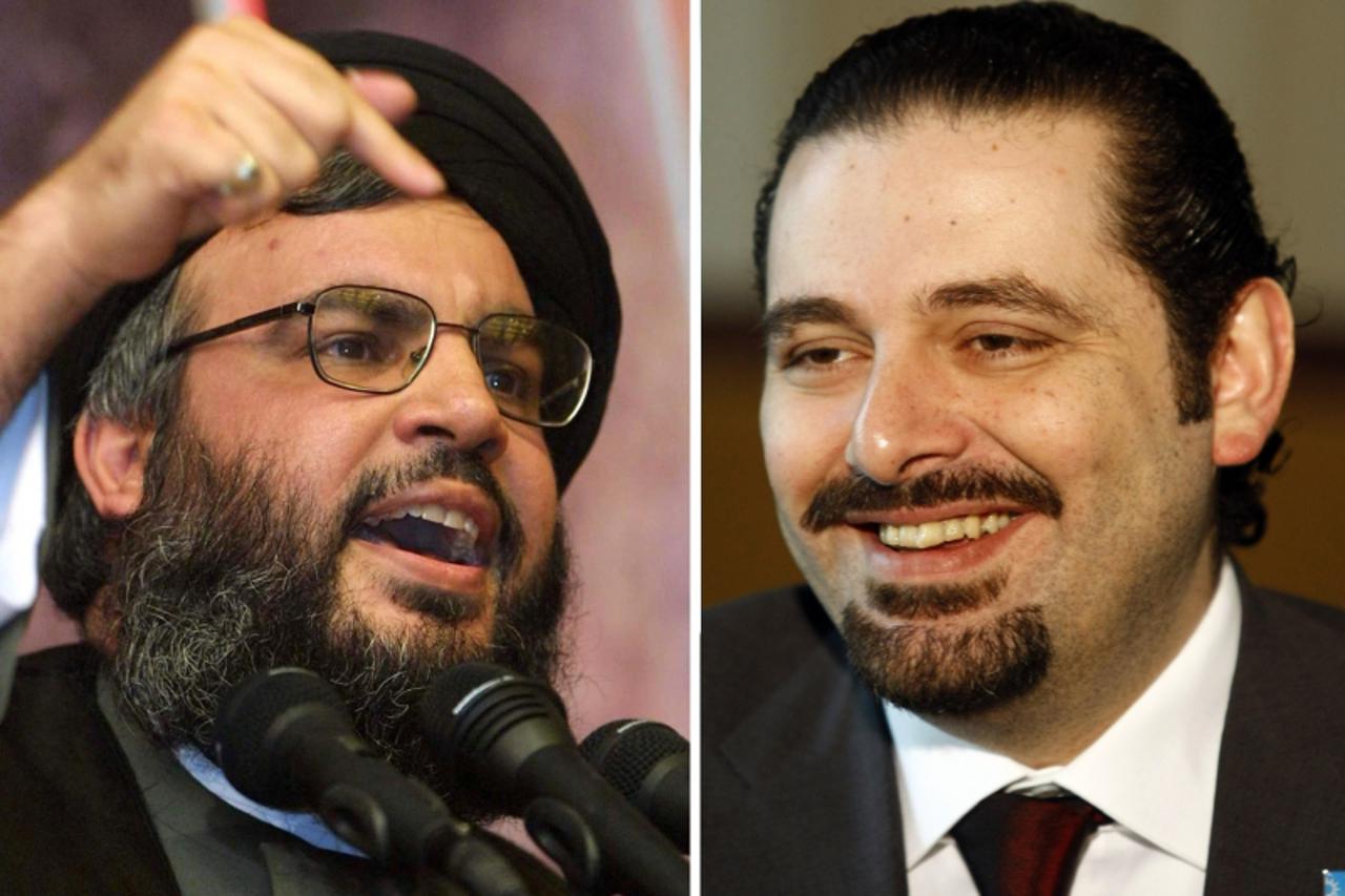'This combo shows portraits of Lebanese Prime Minister Saad Hariri (R)  at his office in Beirut on March 16, 2009 and Hezbollah leader Hassan Nasrallah, giving a speech in the southern suburbs of the 