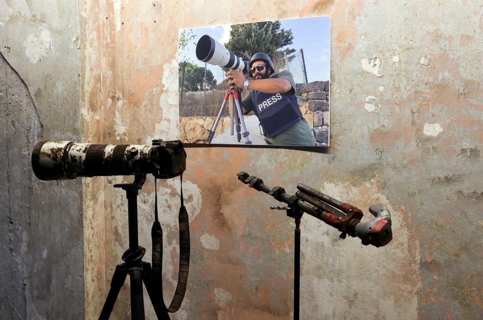 FILE PHOTO: The gear that belonged to Reuters journalist Issam Abdallah is displayed during a press conference by Amnesty International and Human Rights Watch in Beirut