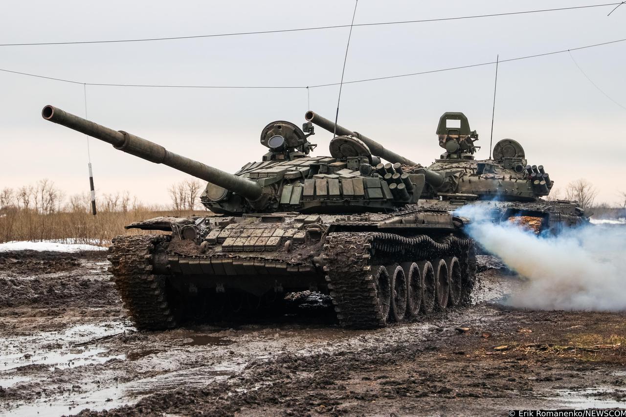 T-72B3 tanks conduct field firing in Rostov Region, Russia