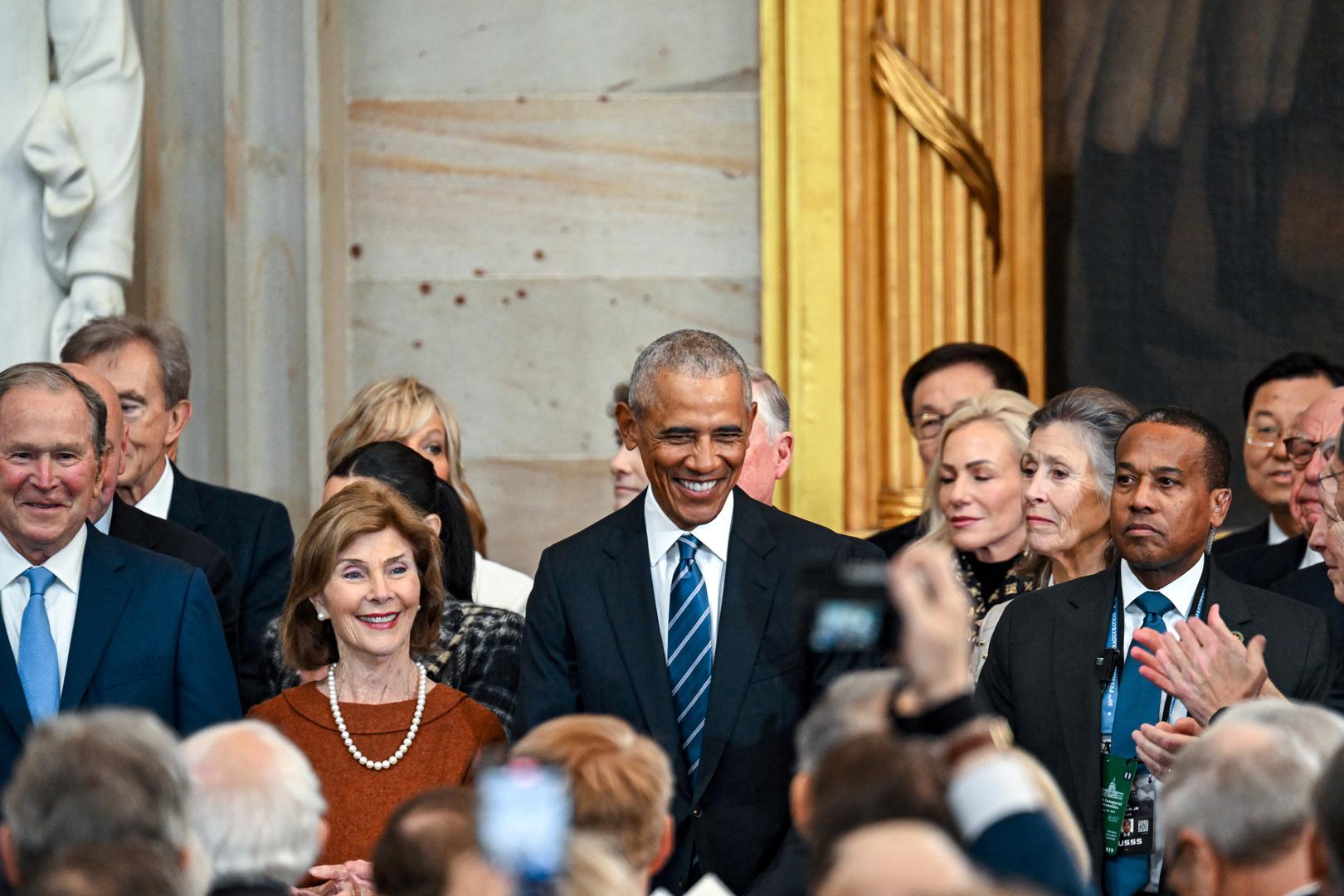 From left, Former President George W. Bush, Former First Lady Laura Bush and Former President Barack Obama arrive for the inauguration of Donald Trump as the 47th president of the United States takes place inside the Capitol Rotunda of the U.S. Capitol building in Washington, D.C., Monday, January 20, 2025. It is the 60th U.S. presidential inauguration and the second non-consecutive inauguration of Trump as U.S. president.    Kenny Holston/Pool via REUTERS Photo: Kenny Holston/REUTERS
