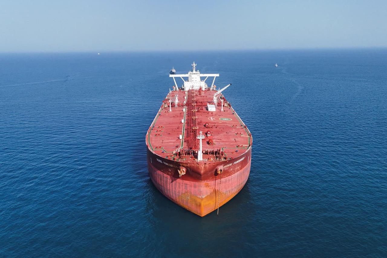 A drone view shows the Malta-flagged tanker Agios Fanourios I arriving in Iraq’s territorial waters off Basra