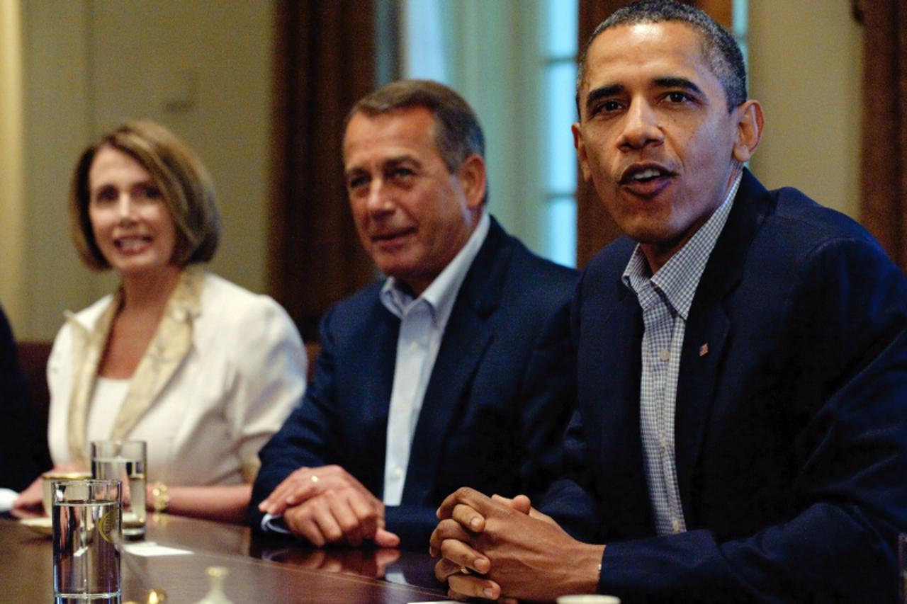 \'US President Barack Obama meets for budget talks with congressional leaders July 10, 2011 in the Cabinet Room of the White House in Washington, DC, including House Minority Leader Rep. Nancy Pelosi 