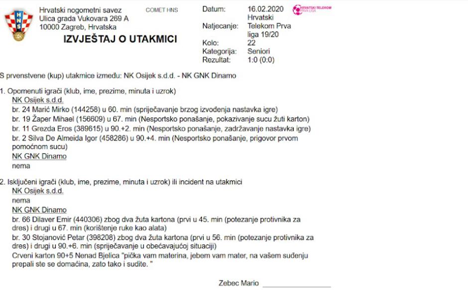 Izvještaj s utakmice