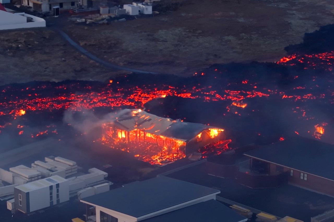 Lava flows from a volcano in Grindavik