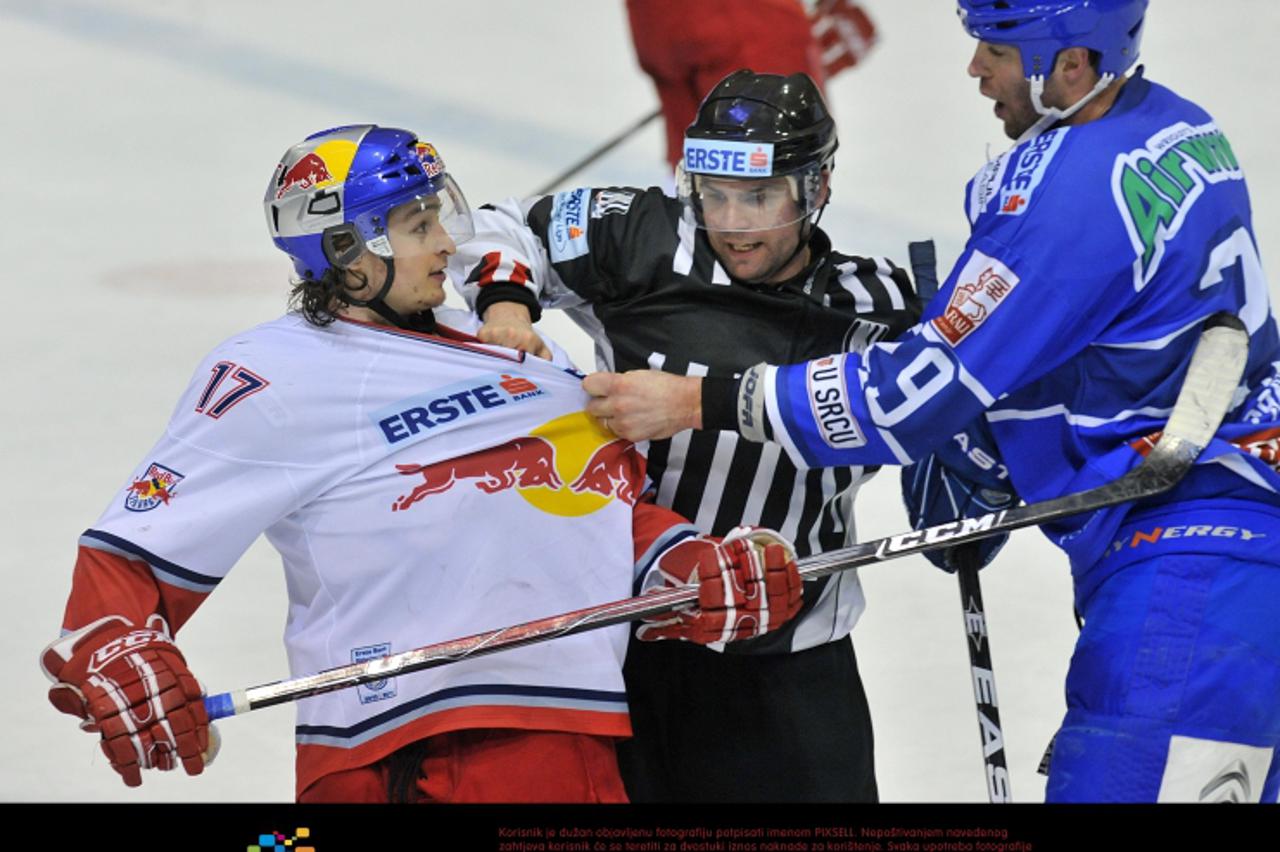 \'09.01.2011., Ledena dvorana, Dom sportova, Zagreb - Utakmica EBEL lige izmedju domacina KHL Medvescak i gostiju EC Red Bull iz Salzburga. Taylor Holsn i Joel Prpic. Photo: Antonio Bronic/PIXSELL\'