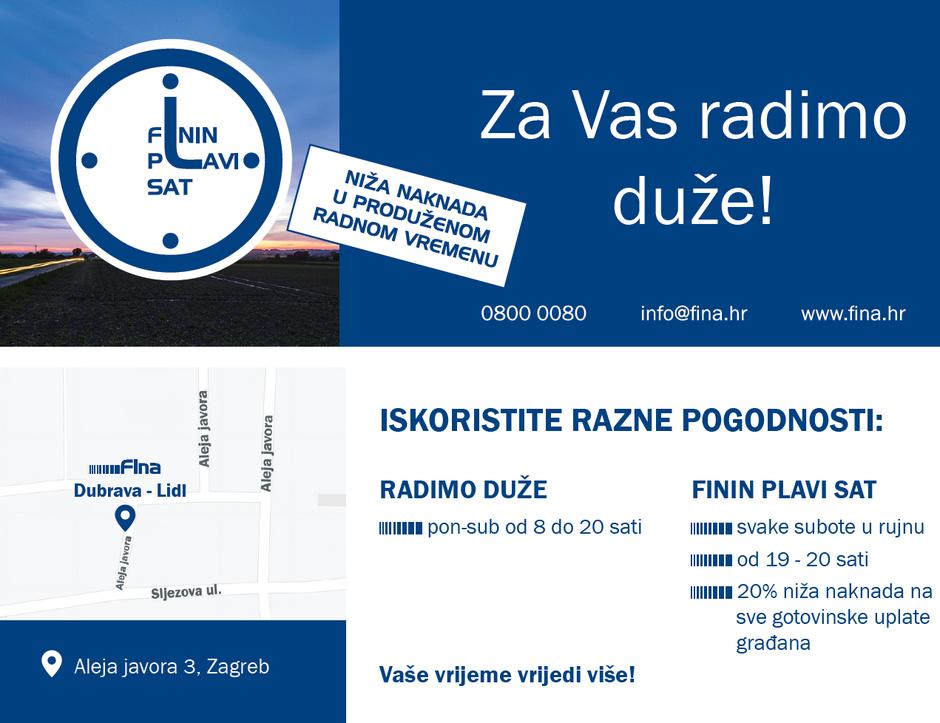 Fina produžila radno vrijeme zagrebačkih poslovnica na frekventnim lokacijama
