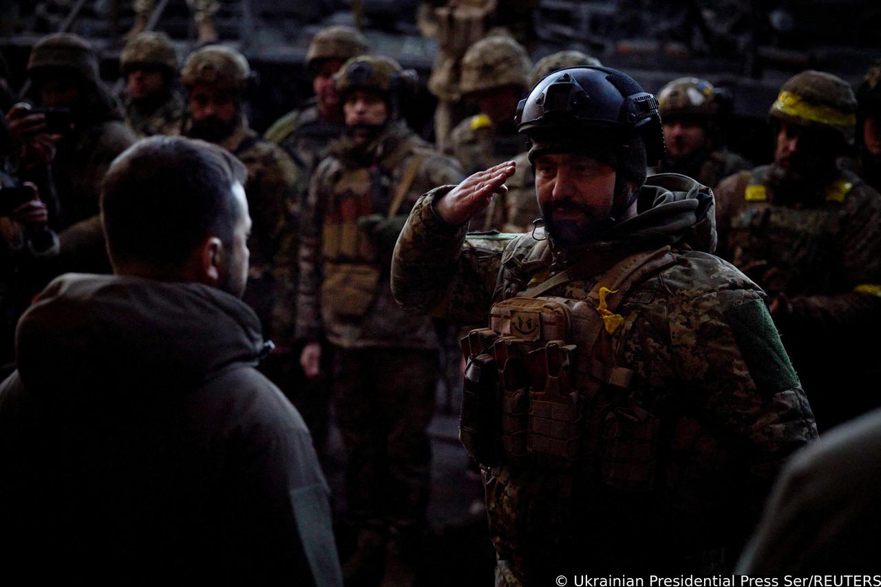 Ukraine's President Zelenskiy visits Ukrainian service members in Bakhmut