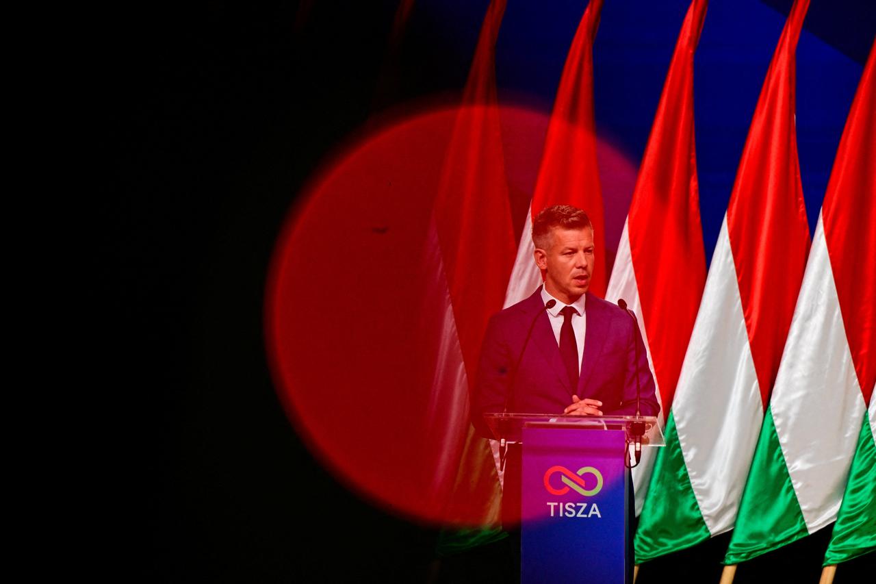 Peter Magyar holds a press conference a day after the parliamentary election in Budapest