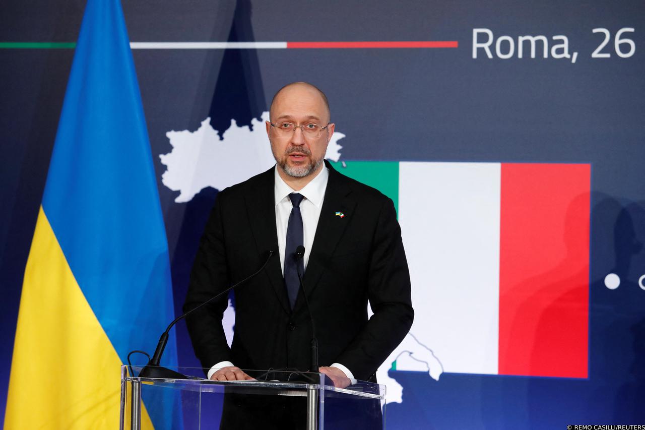 Ukrainian Prime Minister Denys Shmyhal attends a news conference, in Rome