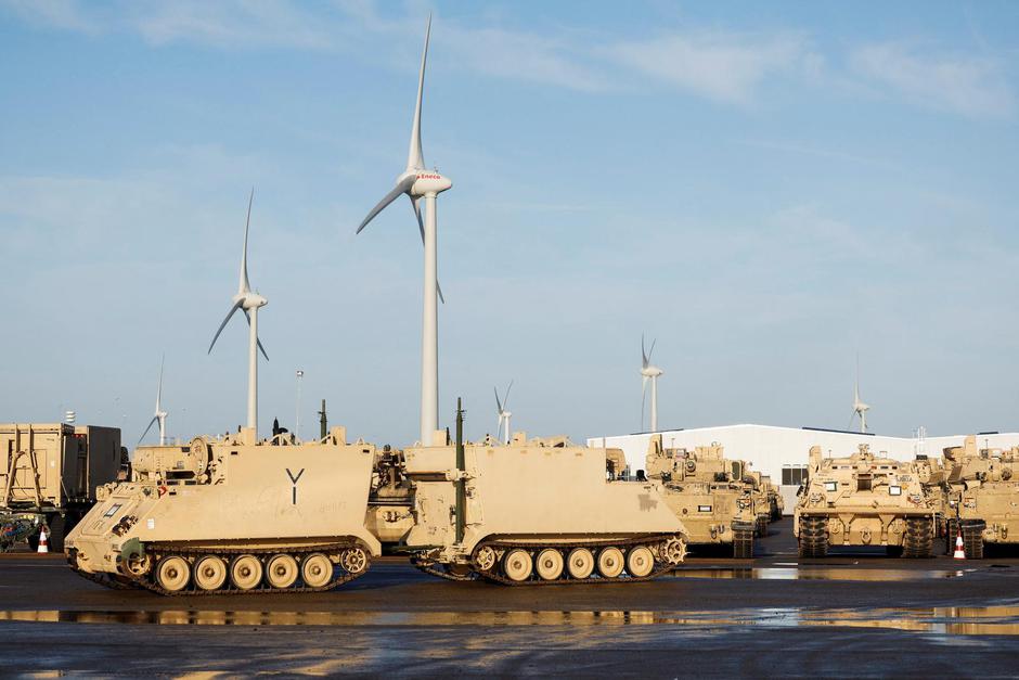 U.S. army vehicles arrive in Europe to reinforce NATO frontier, in Vlissingen
