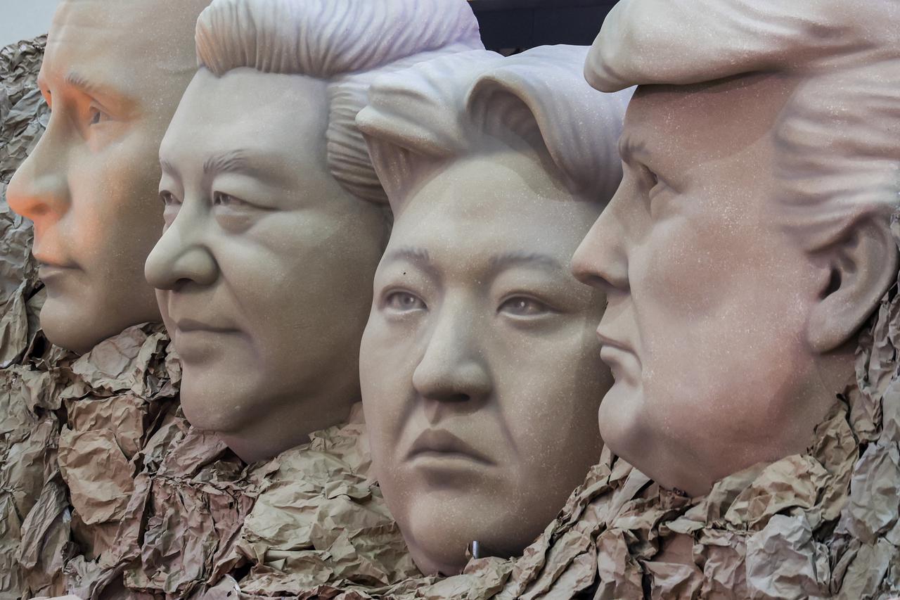 A caricature of Mount Rushmore, depicting world leaders Donald Trump, Xi Jinping, Kim Jong Un and Vladimir Putin is displayed in Bangkok