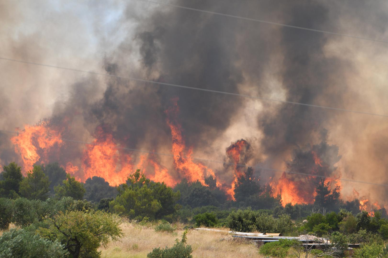 13.07.2023.,Sibenik - Izbio je pozar na otvorenom prostoru kod sela Gornjih Banjevaca u Grebastici. Na intervenciju su izasli 8 postrojbi s ukupno 12 vozila i 33 vatrogasaca. U pozaru sudjeluju i tri kanadera. Gasenje u tijeku Photo: Hrvoje Jelavic/PIXSELL