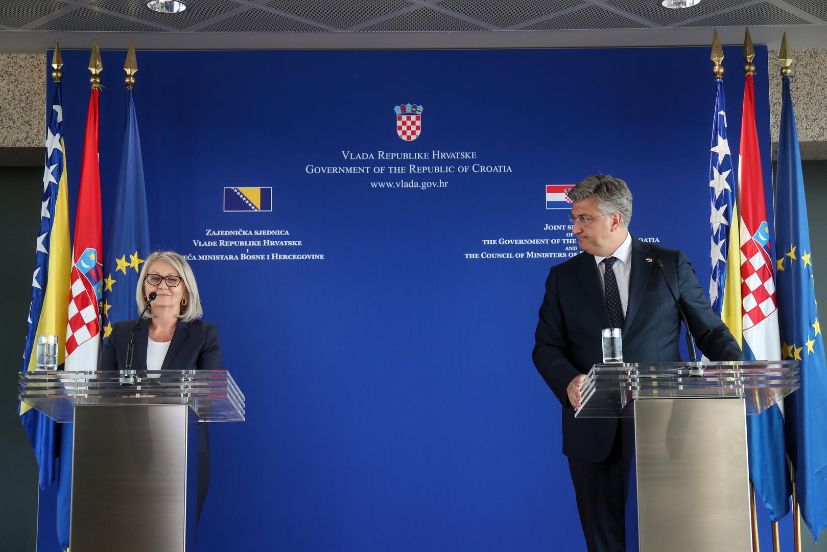 20.06.2023., Zagreb - Konferencija za medije nakon zajednicke sjednice Vlade Republike Hrvatske i Vijeca ministara Bosne i Hercegovine u Nacionalnoj i sveucilisnoj knjiznici. predsjedateljica Vijeca ministara BiH Borjana Kristo, predsjednik Vlade RH Andrej Plenkovic Photo: Matija Habljak/PIXSELL