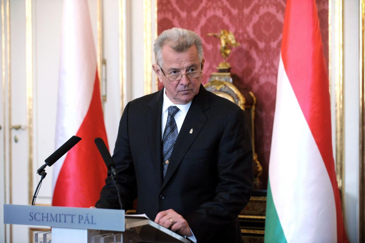 'Hungarian President Pal Schmitt gives a statement for the press with his Polish counterpart Bronislaw Komorowski (not pictured) in Maria Theresia Hall of the presidental palace in Budapest on March 2