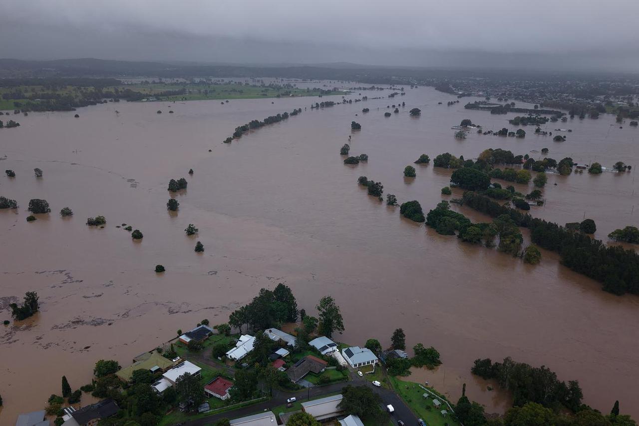 A drone view shows a flooded area following heavy rains, in Tinonee