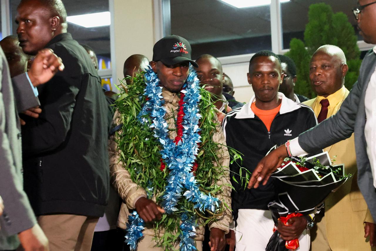 Kenyan runner Sabastian Sawe arrives after breaking the men's marathon world record at the 2026 London Marathon, in Nairobi
