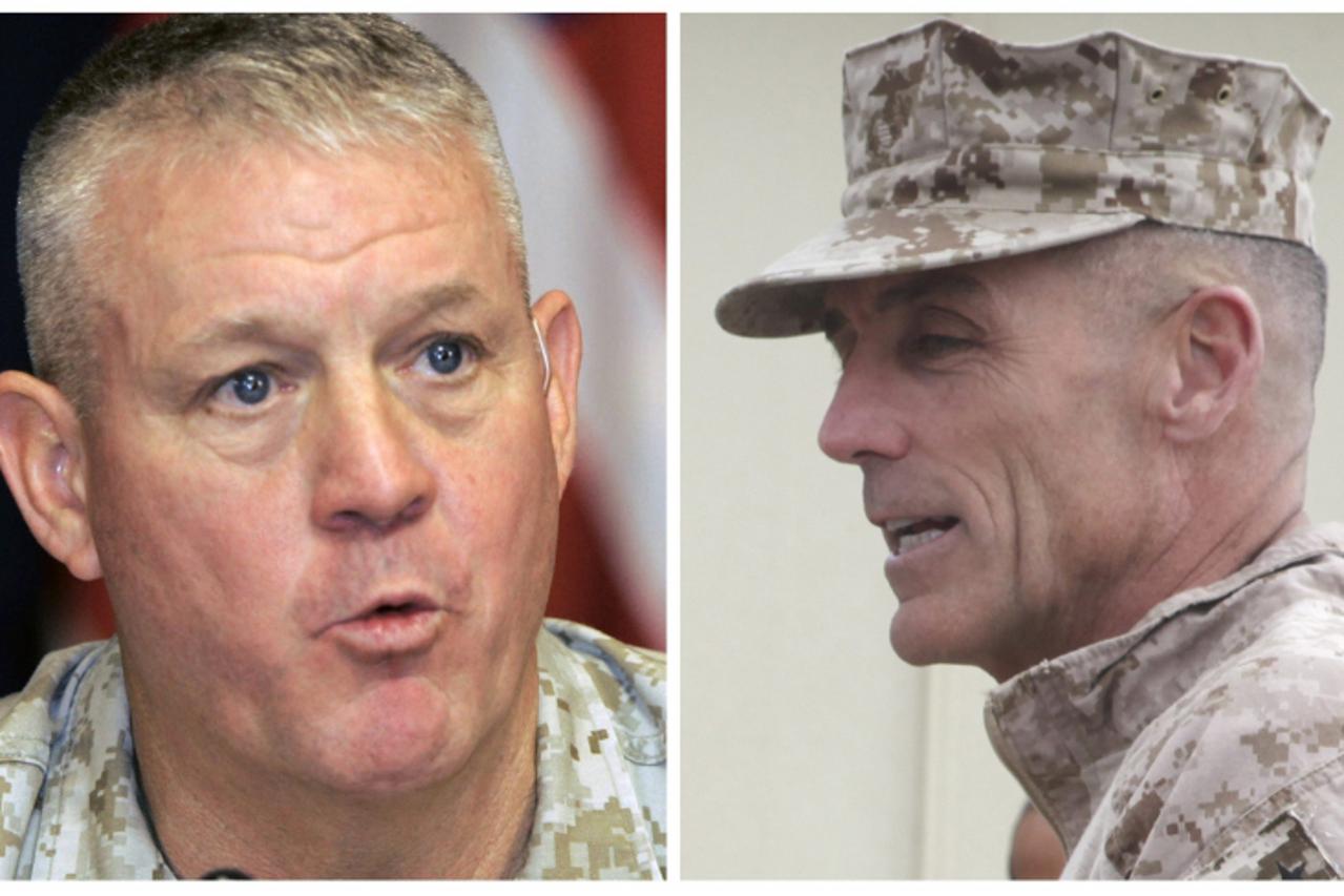'A combination photo shows U.S. Marine Corps Major General Gregg A. Sturdevant (R) in Afghanistan on November 22, 2012 and Major General Charles Gurganus in Iraq on May 13, 2007. Sturdevant and Gurgan