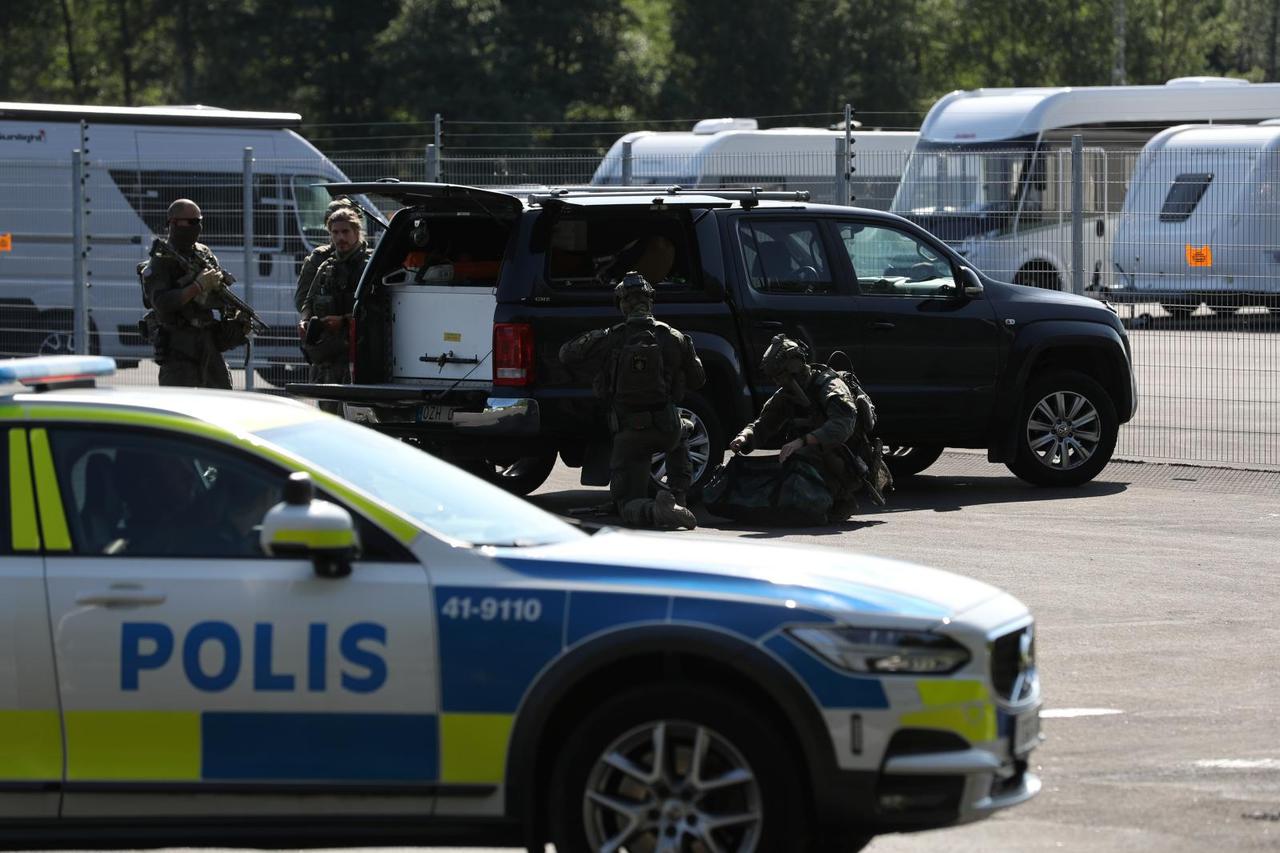 A police vehicle is seen at Hallby Prison, outside Eskilstuna