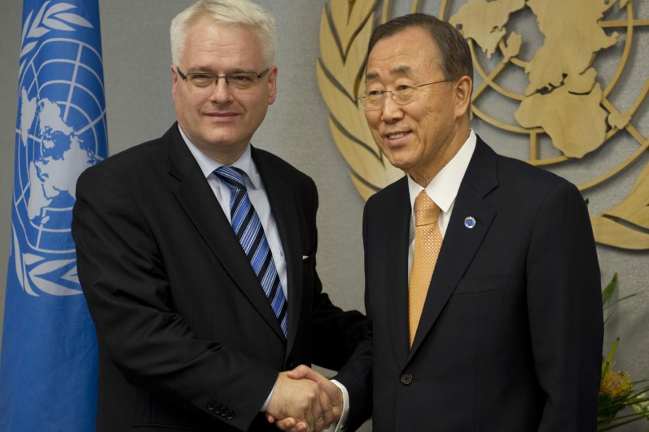 'United Nations Secretary General Ban Ki-moon (R) meets with President of Croatia   Ivo Josipovic September 22, 2010 during the Millennium Development Goals Summit at the United Nations in New York. A