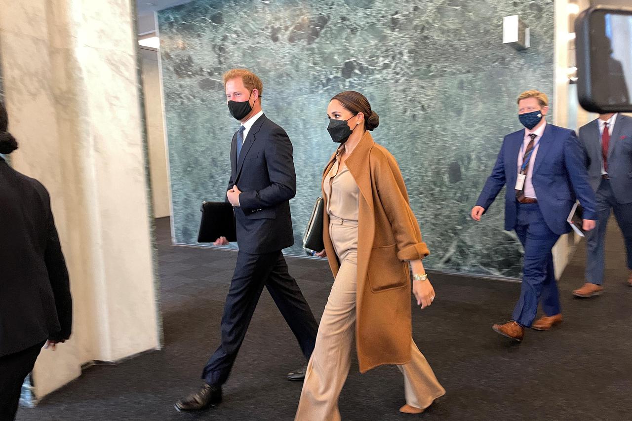 Prince Harry and Meghan Markle leave the United Nations after meeting with U.N. Secretary-General Antonio Guterres, in New York City