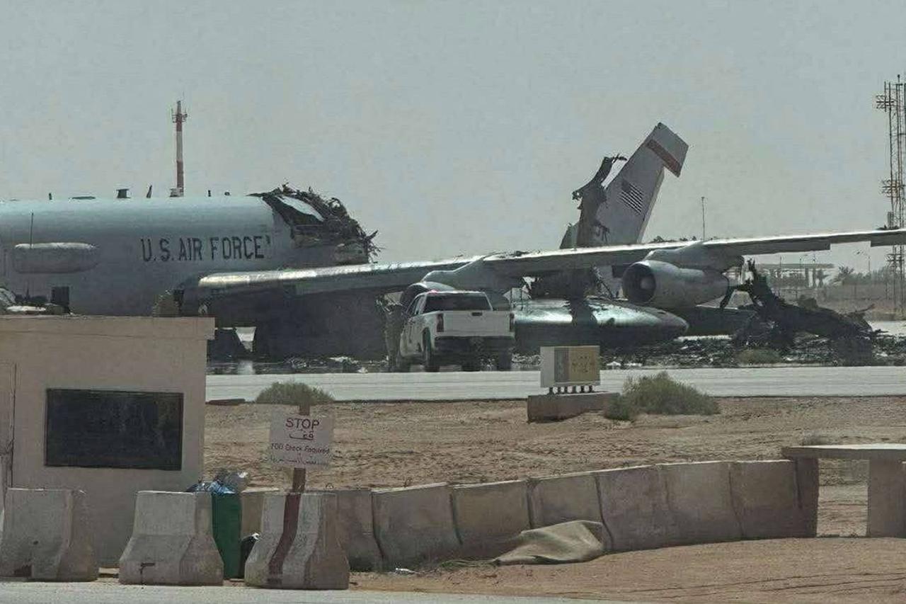 A damaged U.S. E-3 radar aircraft at Prince Sultan Air Base