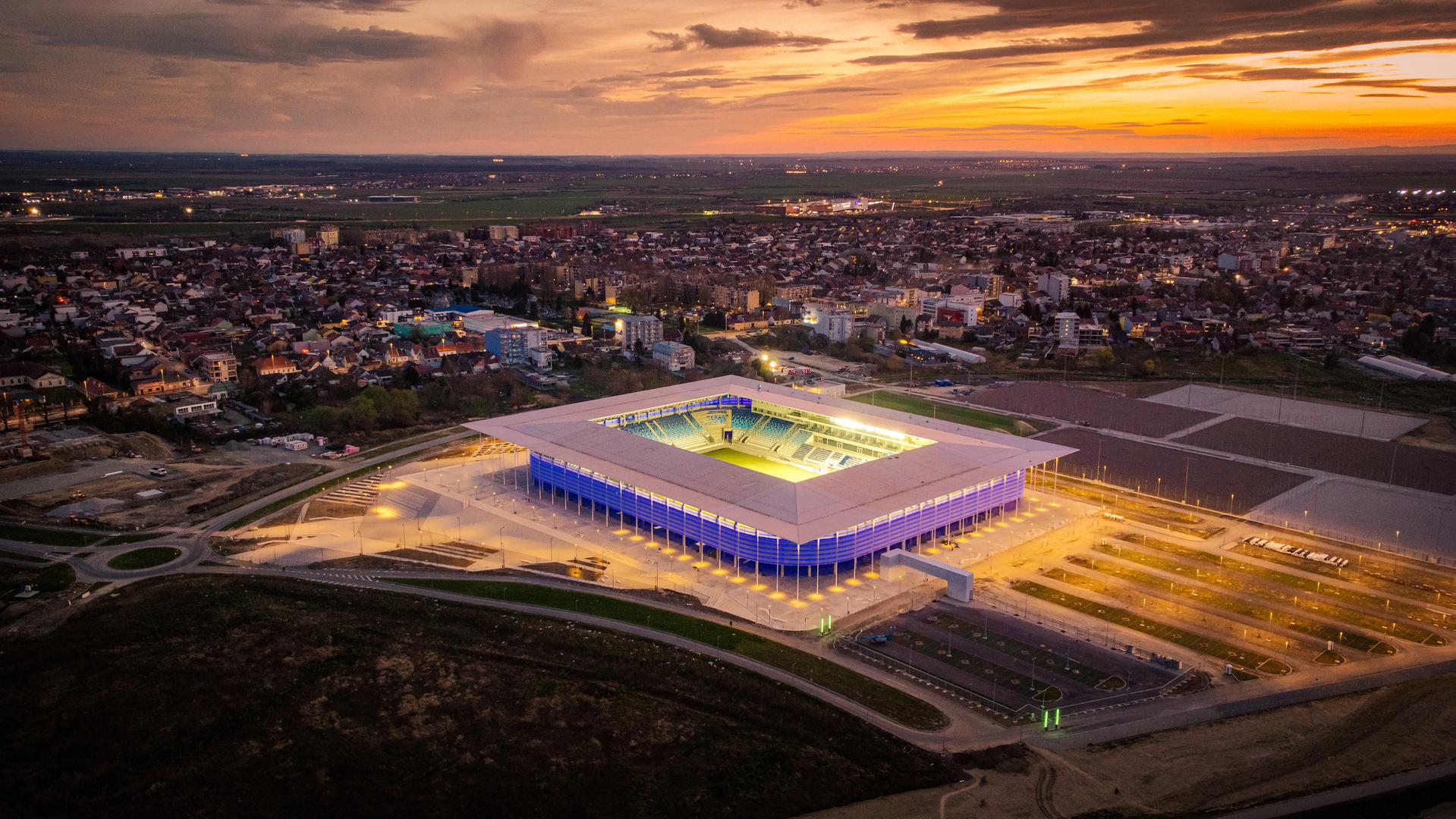24.03.2023., Osijek - Pogled iz zraka na osvijetljeni novi stadion NK Osijeka na Pampasu. Photo: Davor Javorovic/PIXSELL