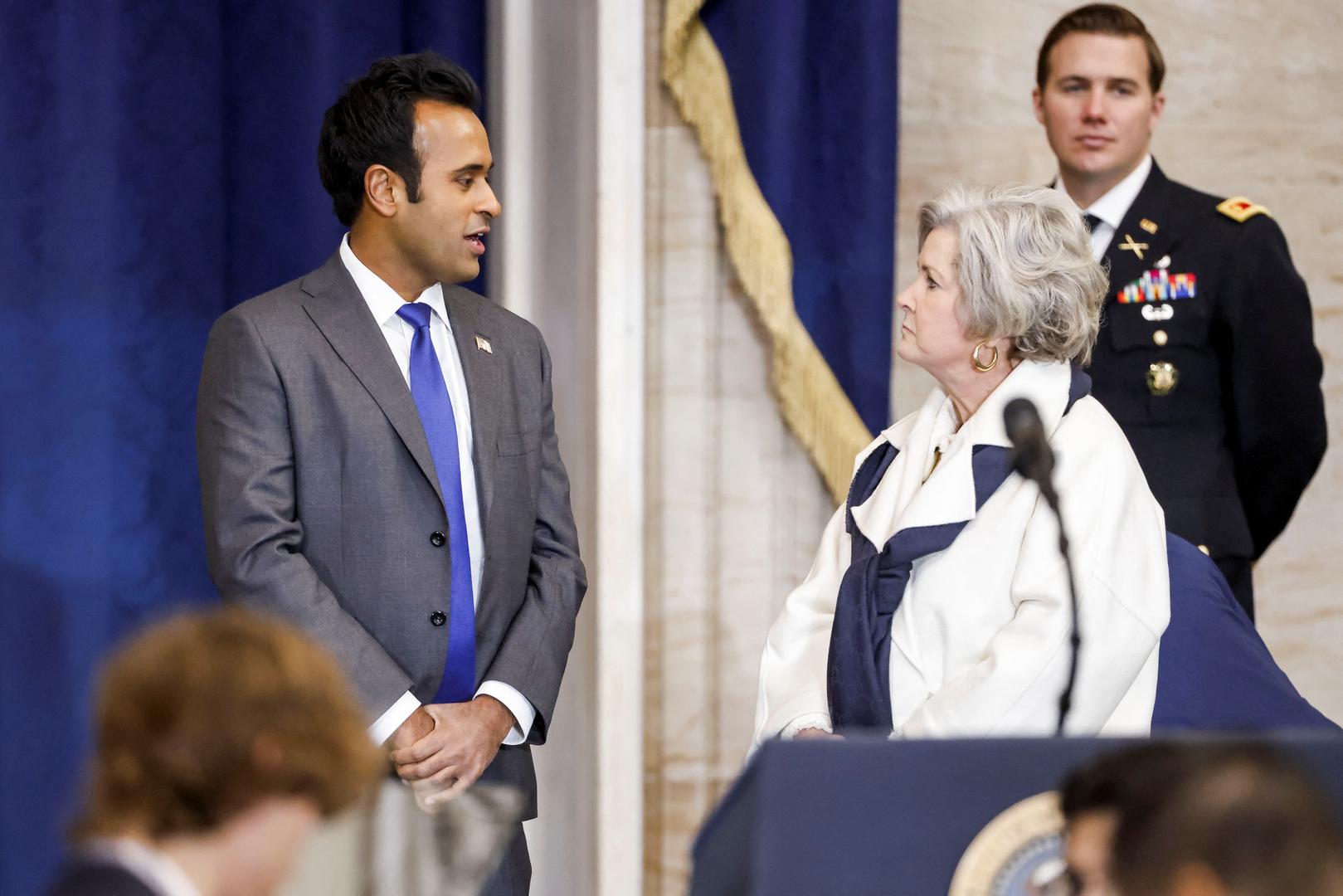 Businessman Vivek Ramaswamy (L) talks with incoming White House Chief of Staff Susie Wiles (R) while arriving for Donald Trump’s inauguration as the next President of the United States at the United States Capitol in Washington, DC, USA, 20 January 2025. Trump, who defeated Kamala Harris, is being sworn in today as the 47th president of the United States, though the planned outdoor ceremonies and events have been cancelled due to a forecast of extreme cold temperatures.    SHAWN THEW/Pool via REUTERS Photo: Shawn Thew/REUTERS