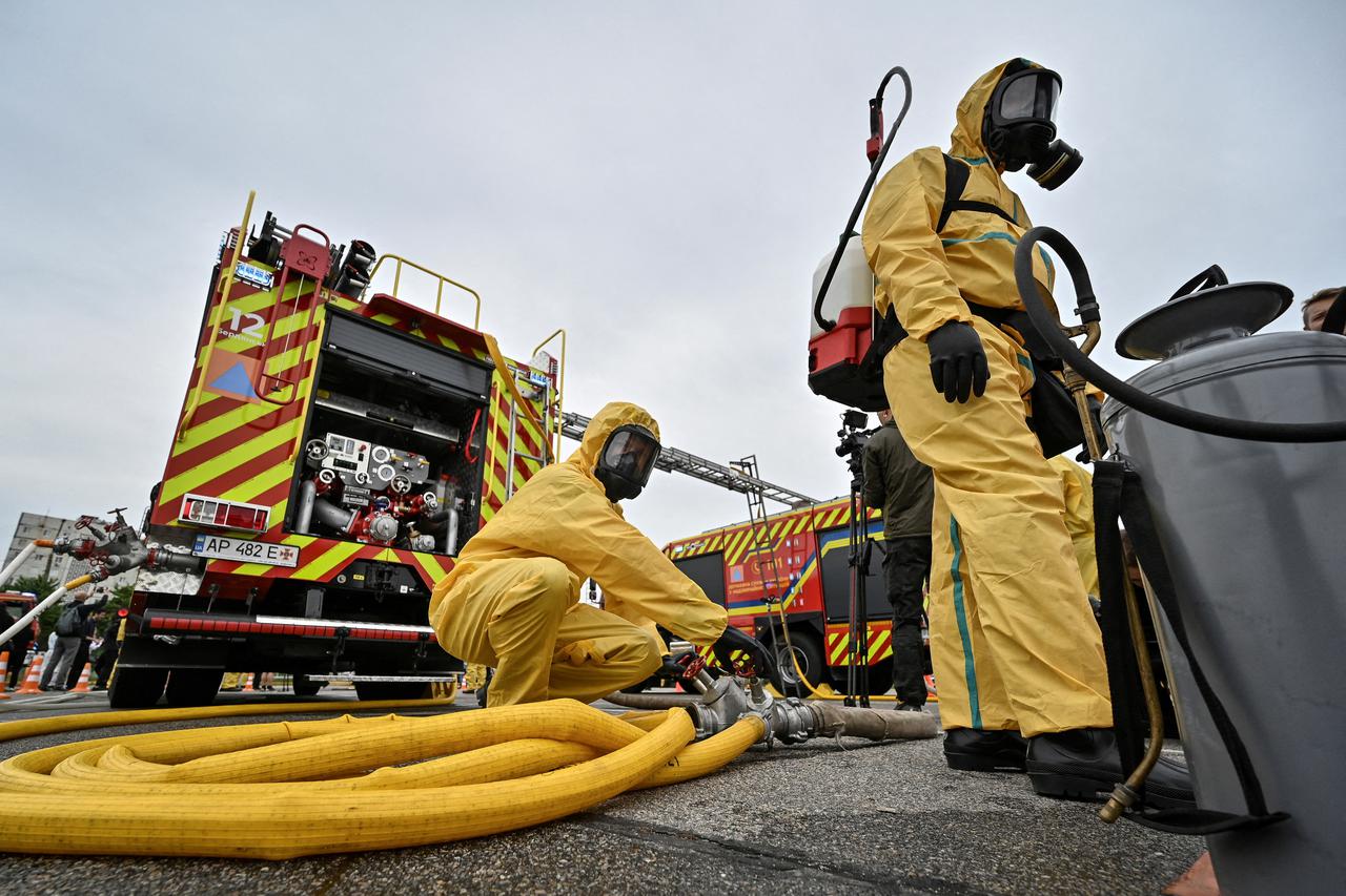 FILE PHOTO: An anti-radiation drill in case of an emergency situation at the Zaporizhzhia Nuclear Power Plant