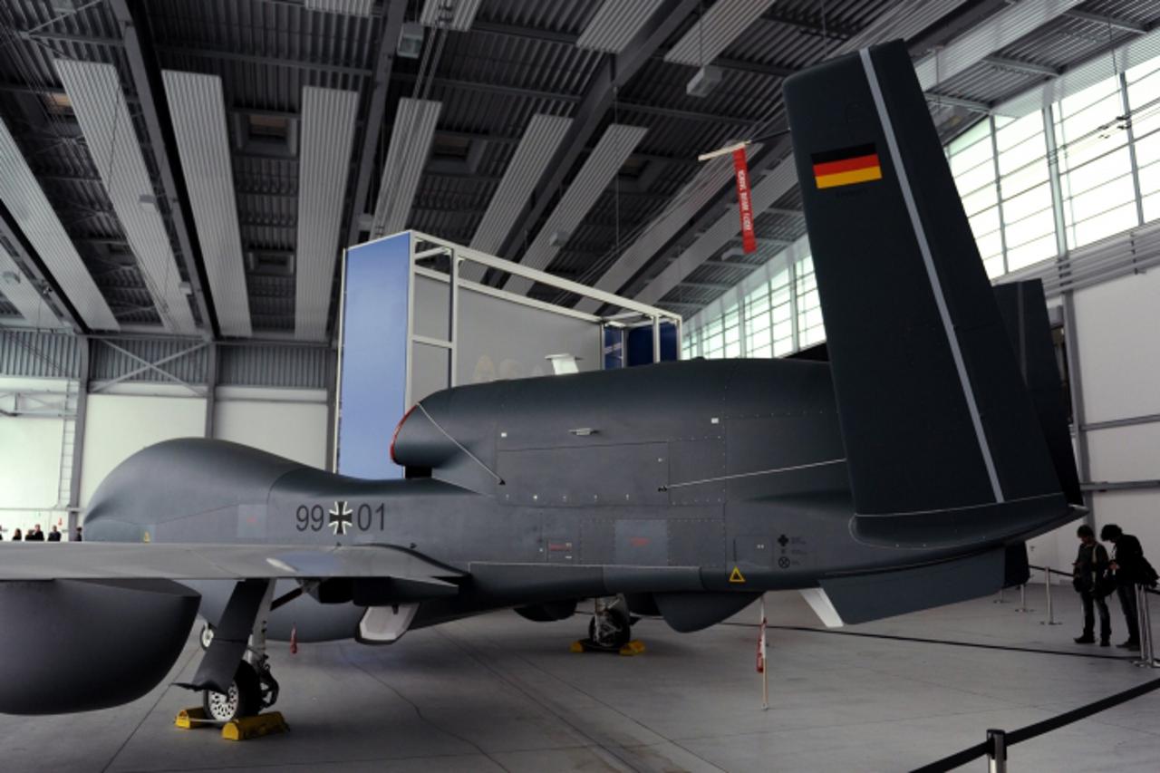 'The unmanned aircraft system (UAS) Euro Hawk SIGINT is pictured before a roll-out ceremony in Manching, October 12, 2011. The unmanned Euro Hawk is to replace the manned Breguet Atlantic aircraft, in