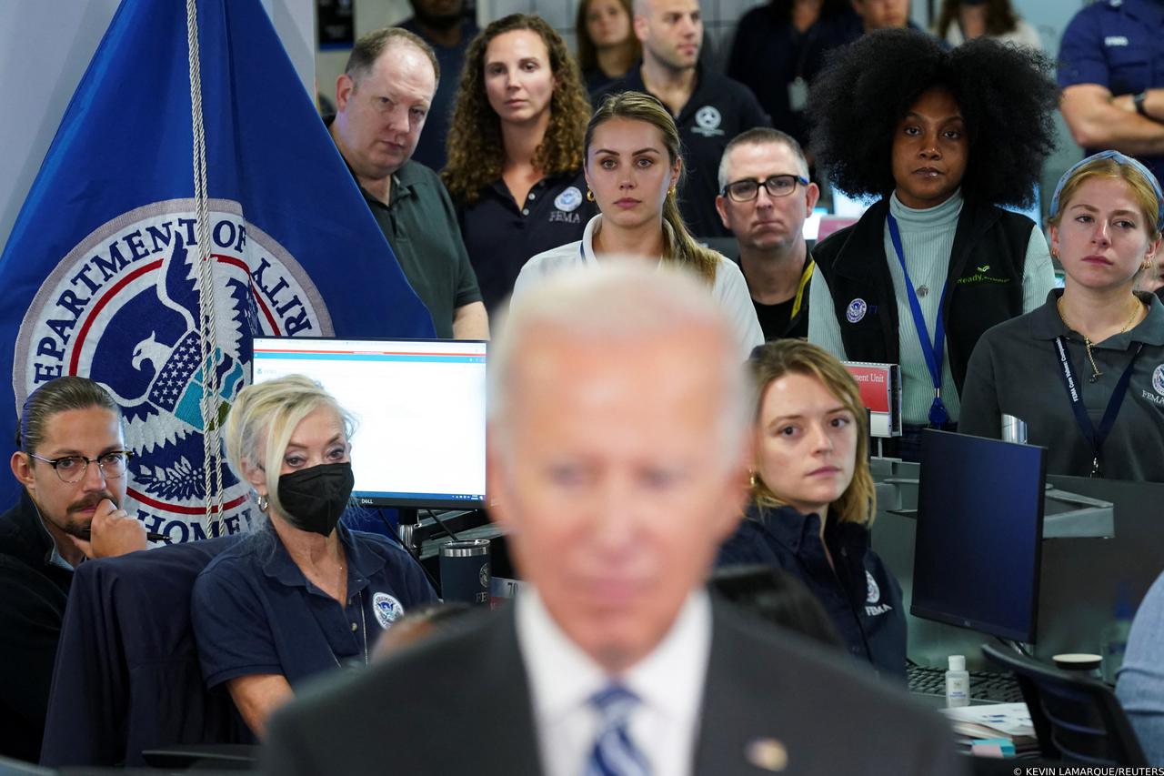 U.S. President Biden receives a briefing on the impact of Hurricane Ian during a visit to FEMA headquarters in Washington