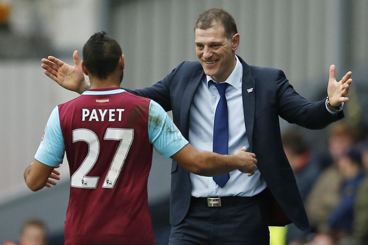 Football Soccer - Blackburn Rovers v West Ham United - FA Cup Fifth Round - Ewood Park - 21/2/16 Dimitri Payet celebrates scoring the second goal for West Ham with manager Slaven Bilic Action Images via Reuters / Andrew Boyers Livepic EDITORIAL USE ONLY. 