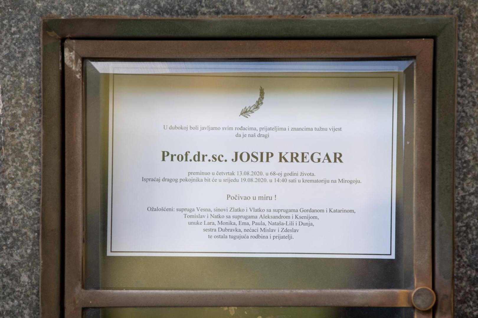 19.08.2020., Zagreb - Posljednji ispracaj nekadasnjeg saborskog zastupnika i sveucilisnog proferora Josipa Kregara na zagrebackom Krematoriju.
Photo: Davor Puklavec/PIXSELL