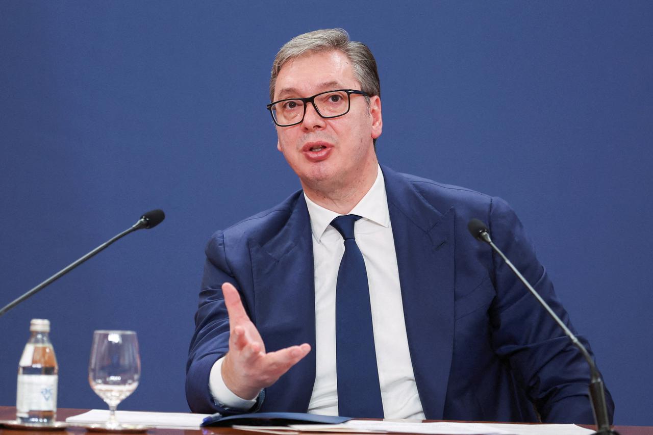 FILE PHOTO: Serbia's President Vucic holds a press conference in Belgrade