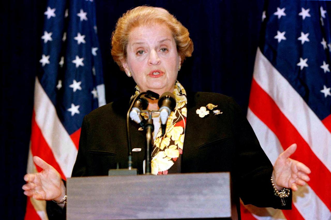 FILE PHOTO: U.S. Secretary of State Madeleine Albright speaks to reporters following her meeting with Israeli For..