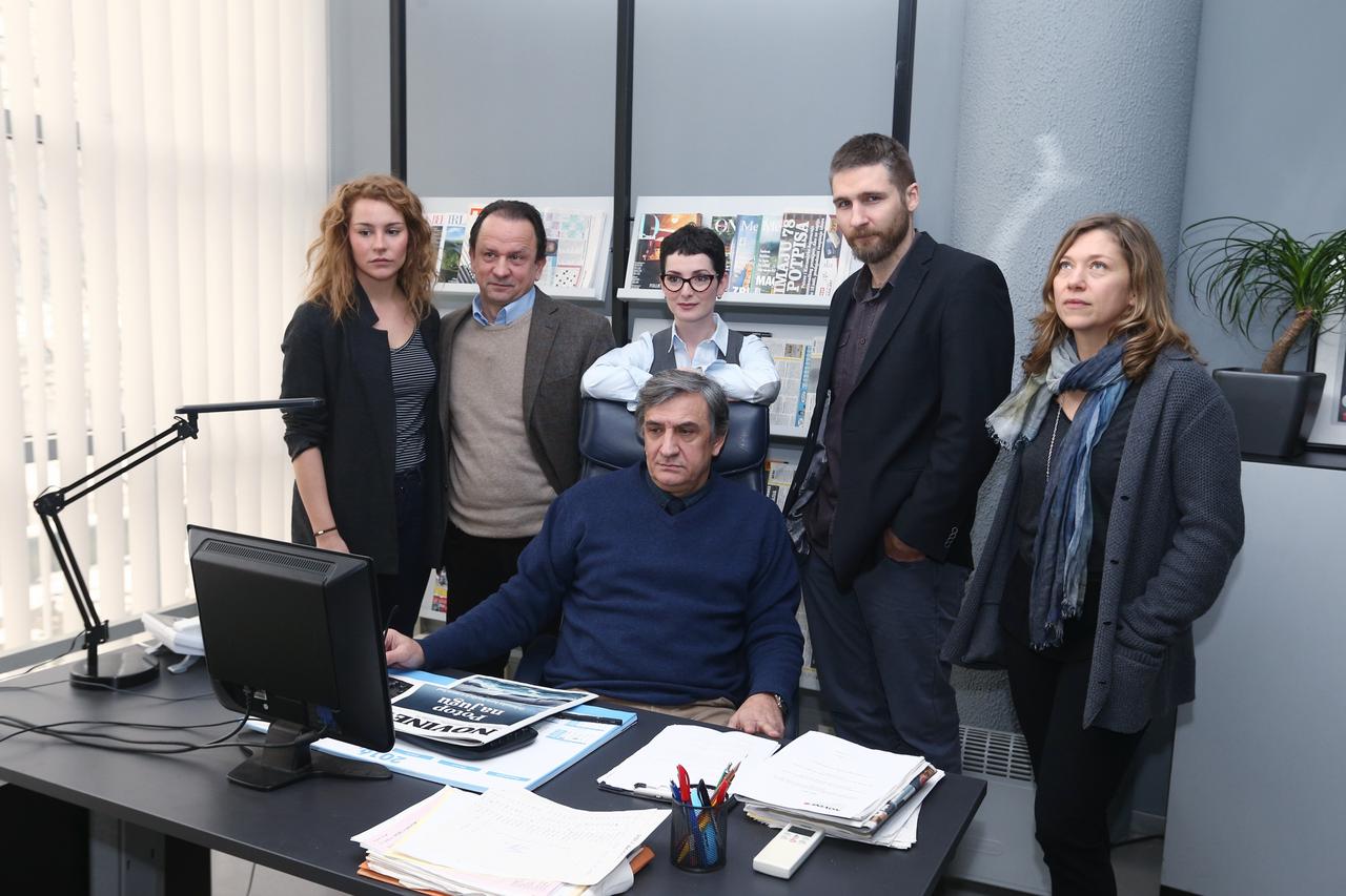 09.01.2016., Zagreb - Prva klapa snimanja nove HTV-ove serije Novine, redatelja Dalibora Matanica. Serija se snima u staroj redakciji Vecernjeg lista. Trpimir Jurkic, Goran Markovic, Zijad Gracic, Branka Katic, Tihana Lazovic, Dalibor Matanic. Photo: Zelj