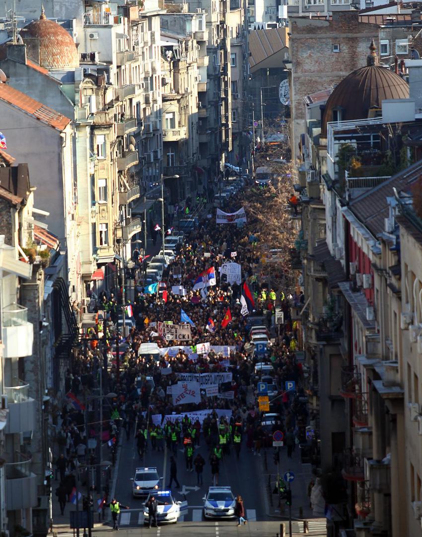 11, February, 2025, Belgrade -The acting ensembles organized a protest walk "Traveling Theater" that started in front of the Temple of Saint Sava at 12:30 p.m. where those present paid a 15-minute tribute, and then the procession moved along the street next to the theaters that joined the walk. Photo: Milos Tesic/ATAImages 11, februar, 2025, Beograd - Glumacki ansambli organizovali su protestnu setnju "Putujuce pozoriste" koja je krenula ispred Hrama Svetog Save u 12.30h gde su prisutni odali Photo: A. K./ATAImages/PIXSELL