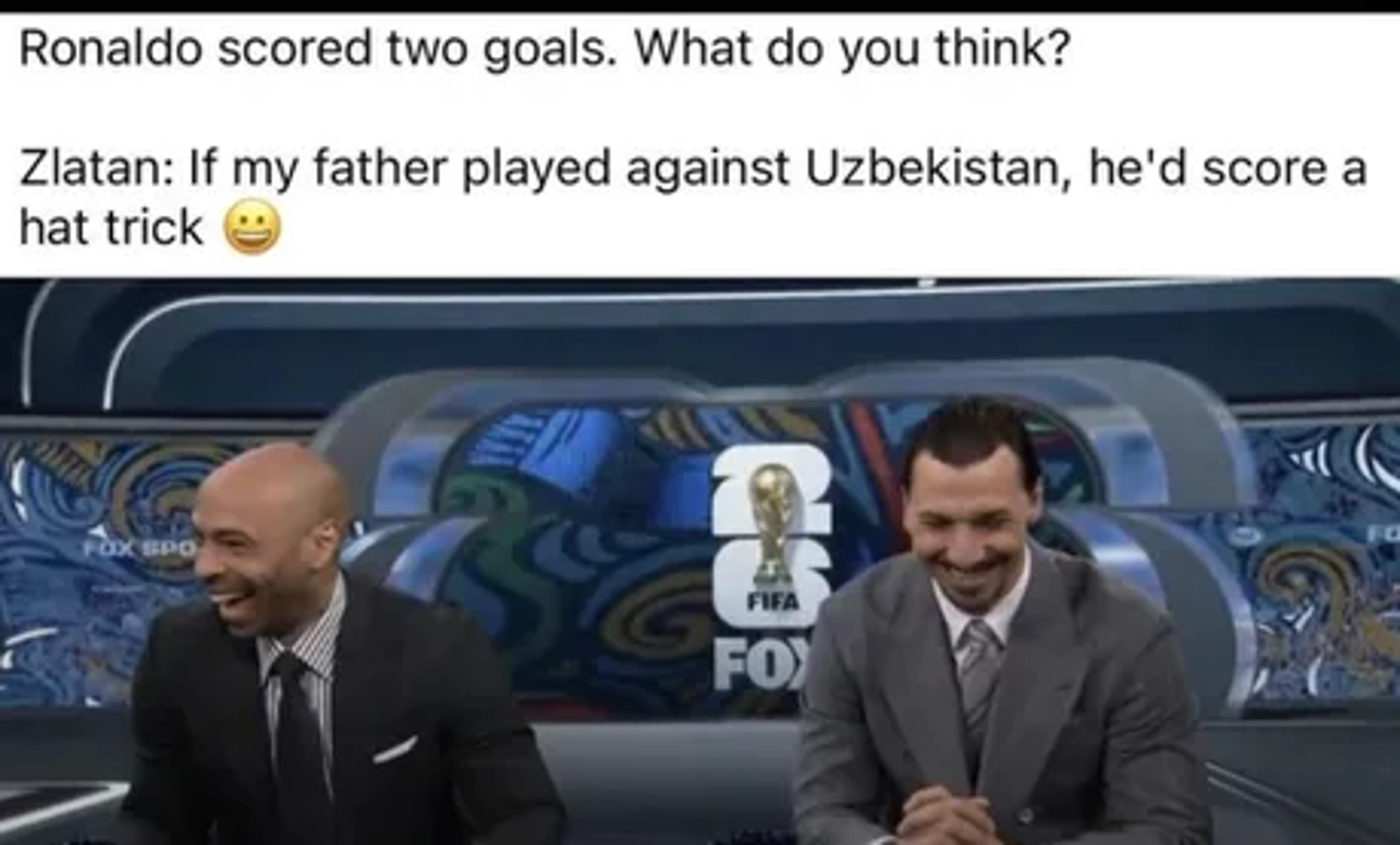 Zlatanov humor u punom sjaju – aludira na Ronaldovu sklonost proslavljanju golova protiv „egzotičnih“ ili slabijih reprezentacija, sugerirajući da takvi rekordi ipak nemaju istu težinu kao pogoci na najvećim pozornicama.