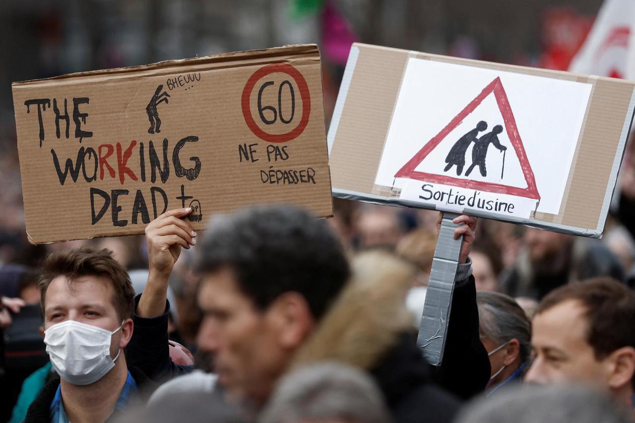 French unions and workers march against pension reforms in Paris