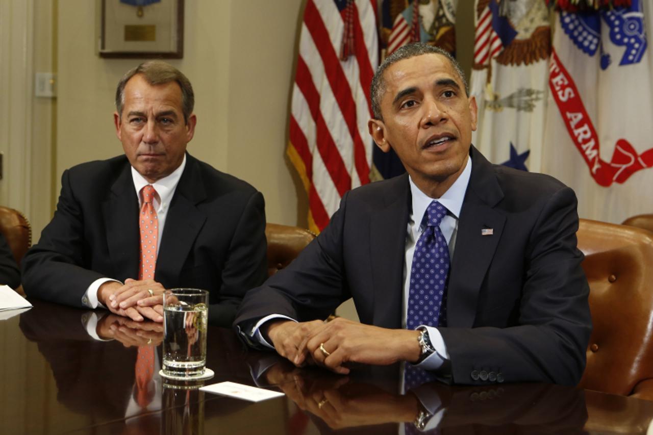 'U.S. President Barack Obama hosts a bipartisan meeting with Congressional leaders in the Roosevelt Room of White House to discuss the economy, November 16, 2012. Left of President Obama is Speaker of