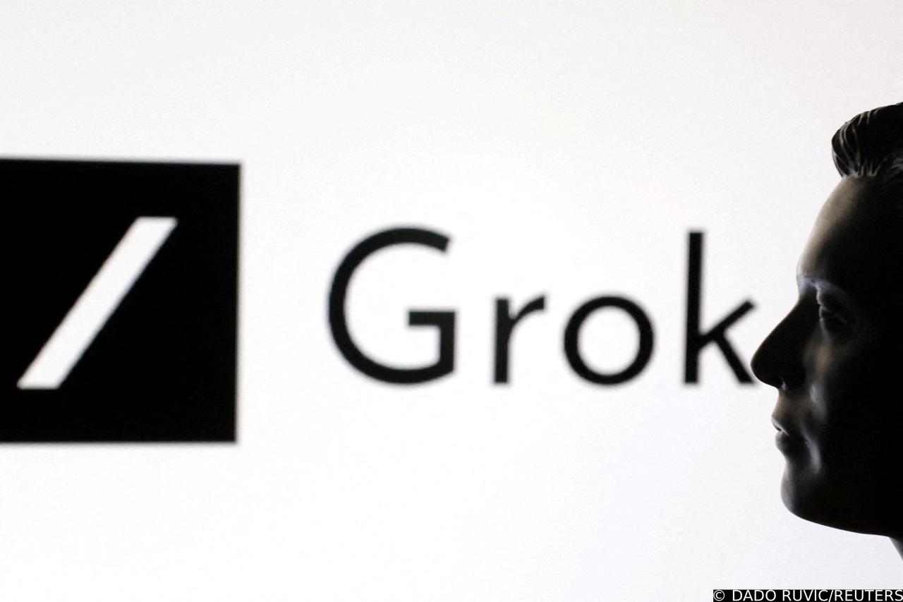 FILE PHOTO: Illustration shows 3D-printed miniature model of Elon Musk and Grok logo