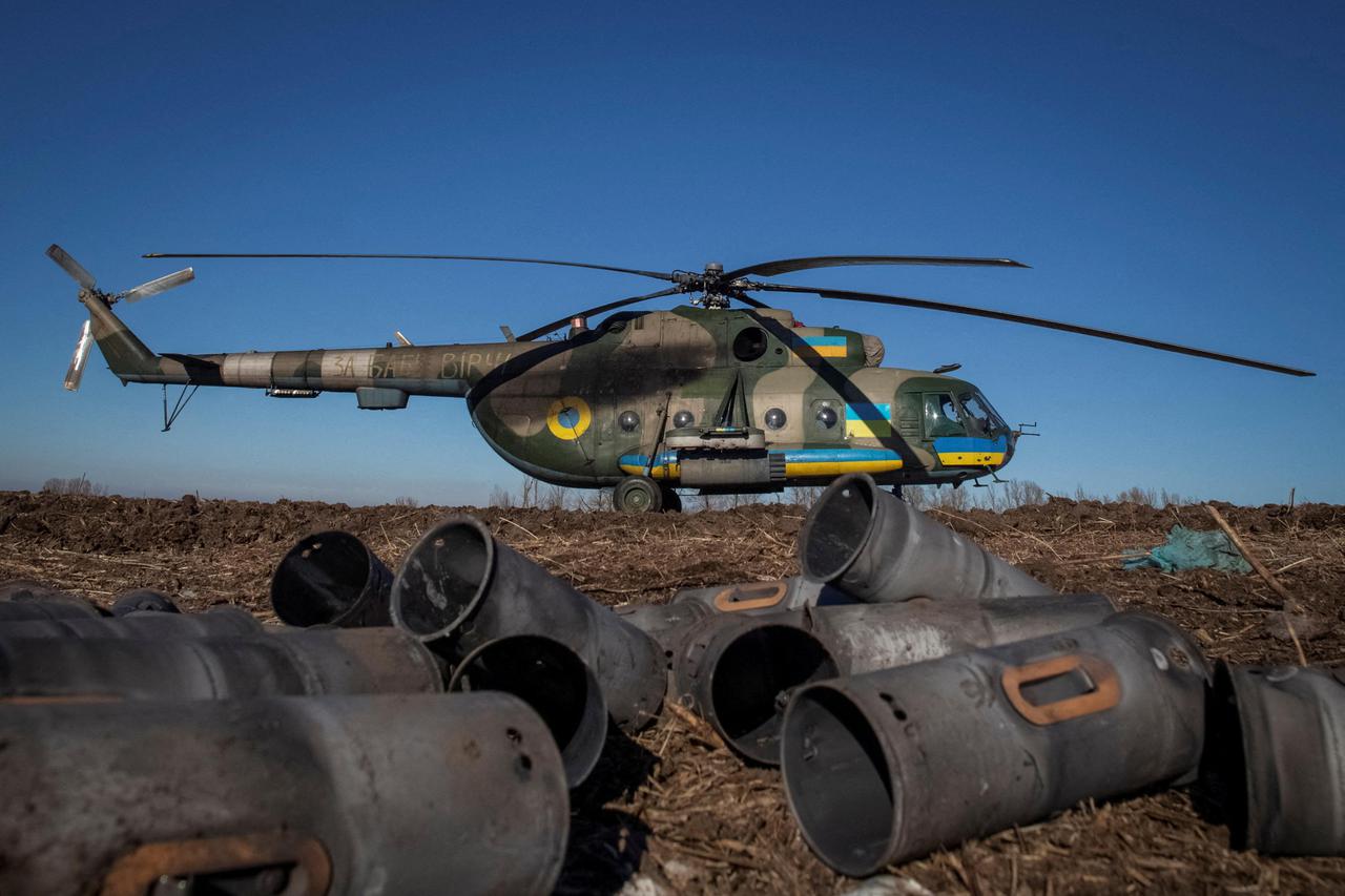 A Ukrainian military helicopter is seen in Donbas region