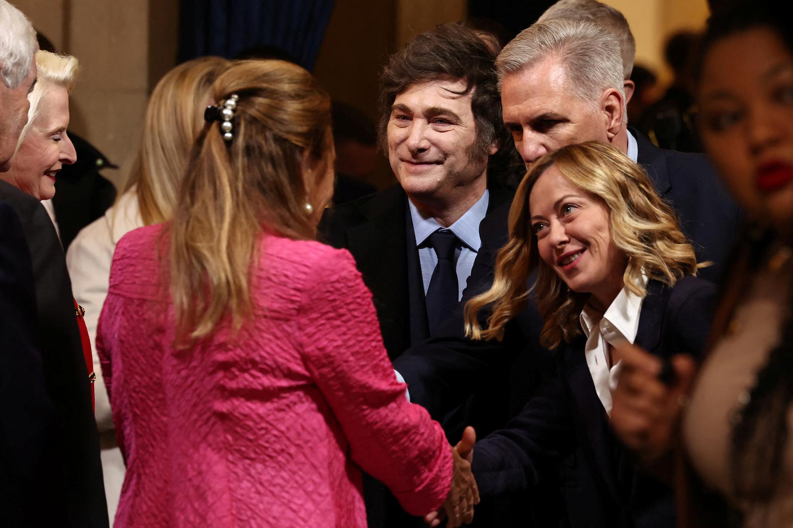 President of Argentina Javier Milei, former Speaker of the House Kevin McCarthy and Prime Minister of Italy Giorgia Meloni arrive to the inauguration of U.S. President-elect Donald Trump in the Rotunda of the U.S. Capitol on January 20, 2025 in Washington, DC. Donald Trump takes office for his second term as the 47th president of the United States.     Chip Somodevilla/Pool via REUTERS Photo: Chip Somodevilla/REUTERS
