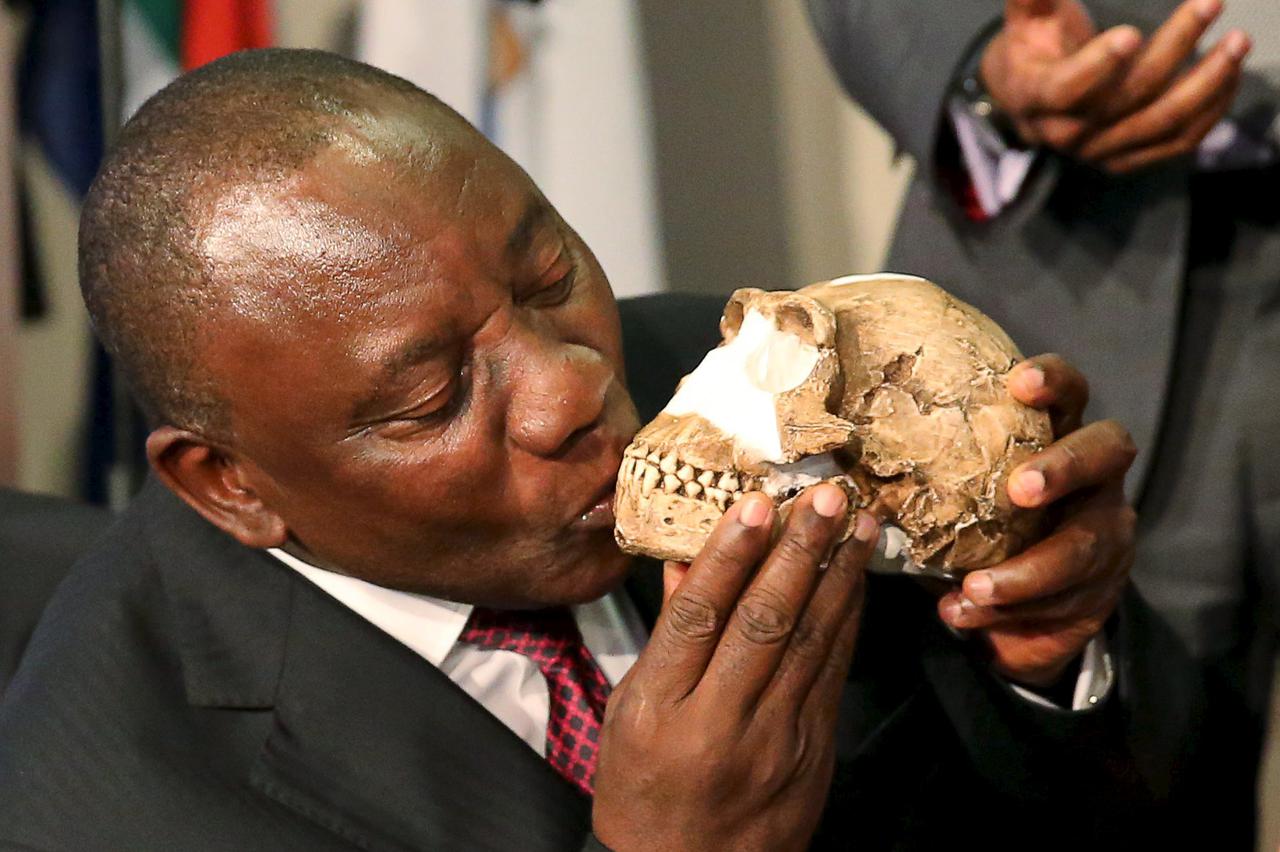 South Africa's Deputy President Cyril Ramaphosa kisses a replica of the skull of a newly discovered ancient species, named 