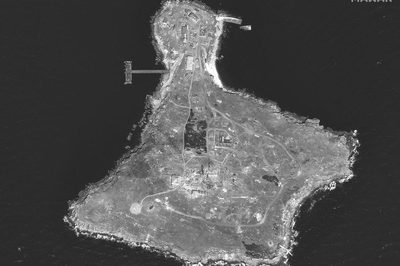 A satellite image shows an overview of Snake Island
