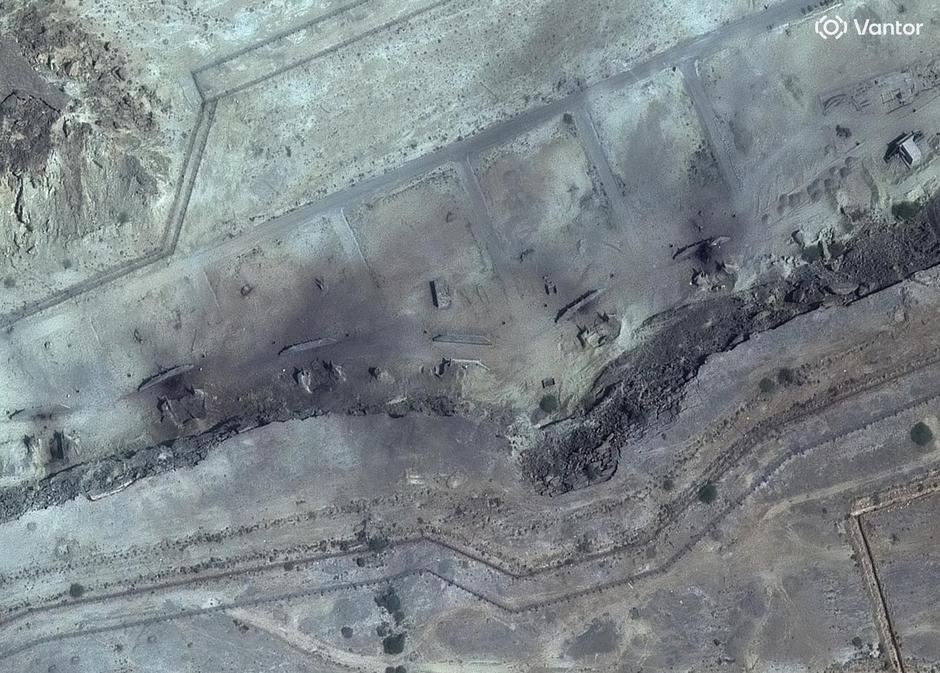 A satellite view shows destroyed storage bunkers after U.S. and Israeli strikes, at Konarak