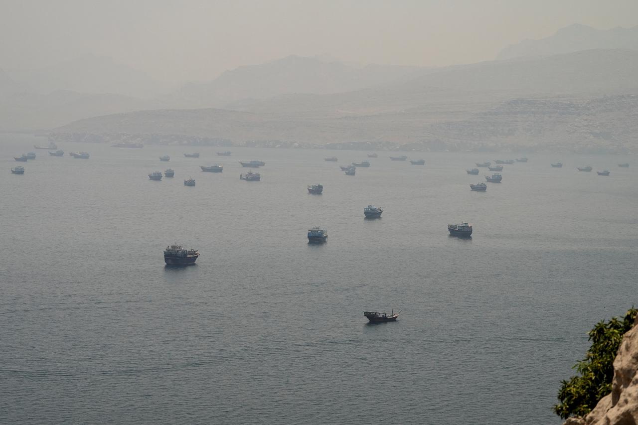 Vessels are anchored in the Strait of Hormuz, as seen from Musandam