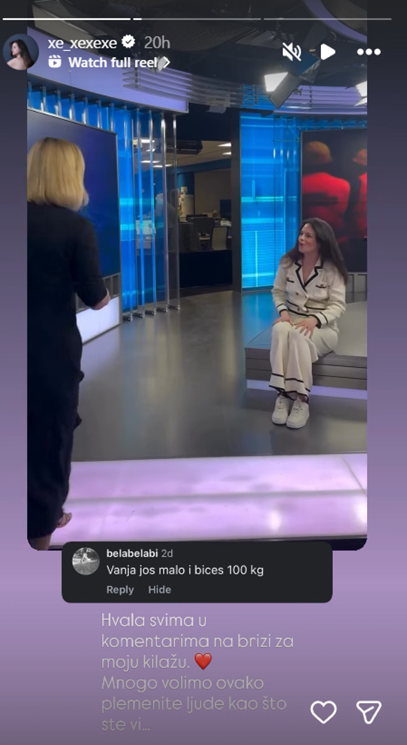 Vanja je na društvenim mrežama objavila snimku ulaska u studio, a ubrzo potom i neugodnu poruku jedne pratiteljice koja je komentirala kako će uskoro dosegnuti 100 kilograma. 