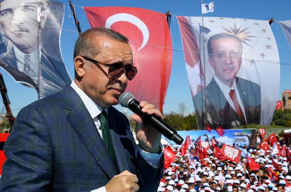 Turkish President Tayyip Erdogan makes a speech during a ceremony in Ankara, Turkey, April 2, 2017. Murat Cetinmuhurdar/Presidential Palace/Handout via REUTERS ATTENTION EDITORS - THIS PICTURE WAS PROVIDED BY A THIRD PARTY. FOR EDITORIAL USE ONLY. NO RESA