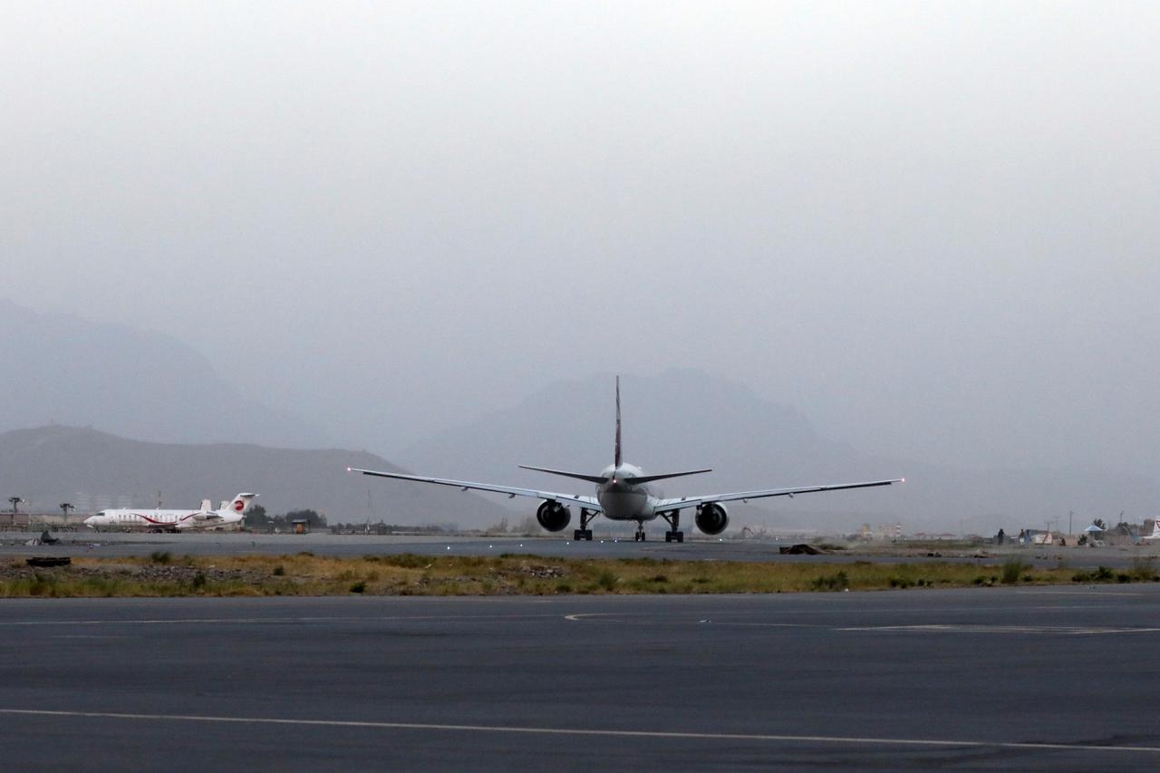 First international flight since the withdrawal of U.S. troops taxis at the international airport in Kabul